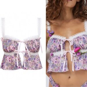 FOR LOVE & LEMONS Willow Multi Floral Bow Tie Ribbon Bow Coquette Top Purple XL